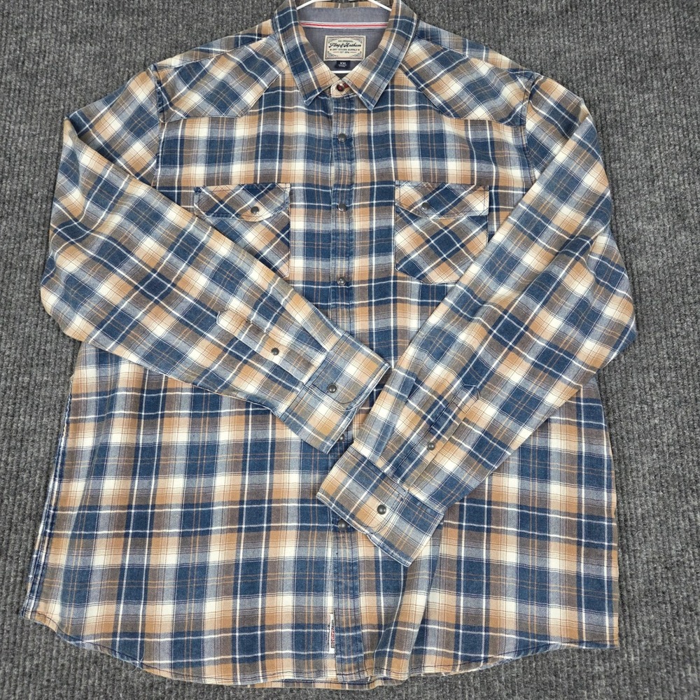 Flag & Anthem Mens XXL Blue Tan Plaid Western Yoke Flannel Shirt COREWS328V